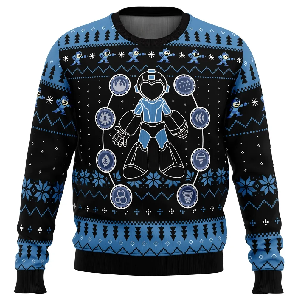 Elemental Powers Mega Man Ugly Christmas Sweater, Robot Master Abilities Gamer Holiday Sweater, Retro Capcom Video Game Xmas Gift for Fans