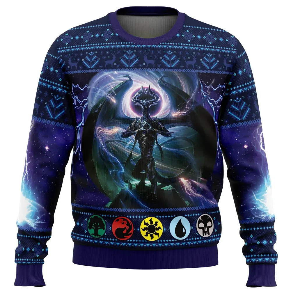 Nicol Bolas Magic the Gathering Ugly Christmas Sweater, MTG Planeswalker and Mana Symbols Holiday Sweater, Card Gamer Xmas Gift for Fans