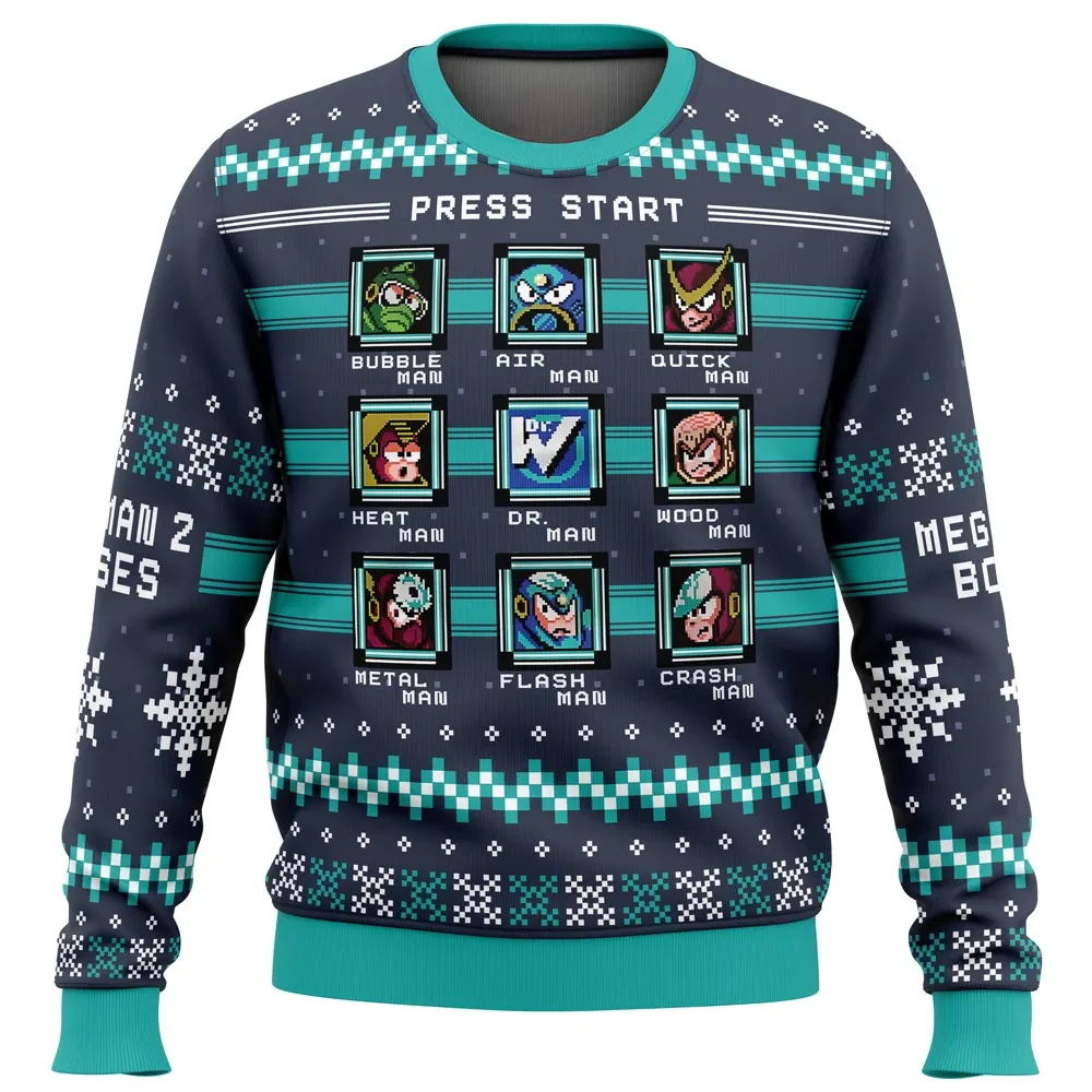 Mega Man 2 Bosses Ugly Christmas Sweater, Press Start Robot Master Select Screen Retro Gamer Holiday Sweater, Gaming Xmas Gift for NES Fans