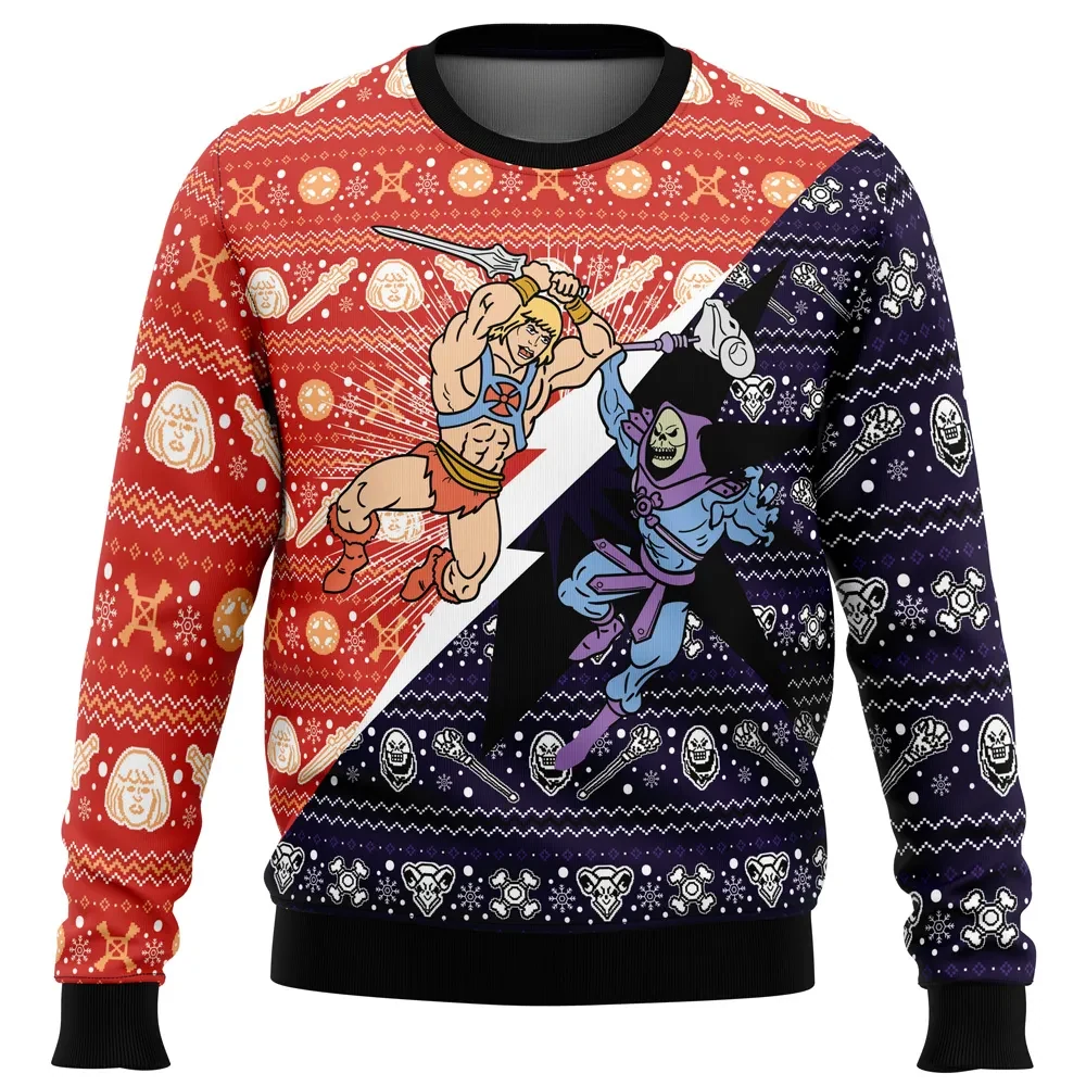He-Man vs Skeletor Ugly Christmas Sweater, Masters of the Universe Holiday Sweater, Castle Grayskull Retro Cartoon Xmas Gift for 80s Fans
