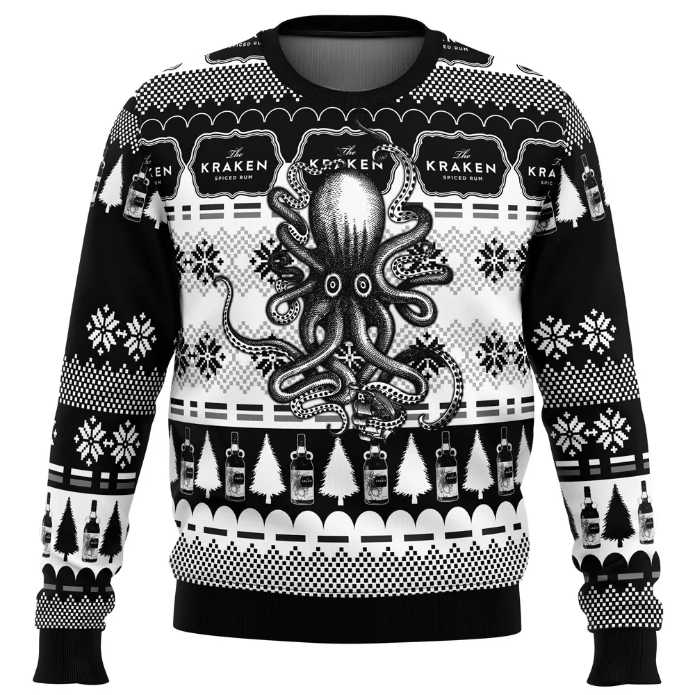 Kraken Black Spiced Rum Ugly Christmas Sweater, Funny Rum Holiday Sweater, Sea Monster Octopus Black and White Sweatshirt, Drinking Xmas Gift
