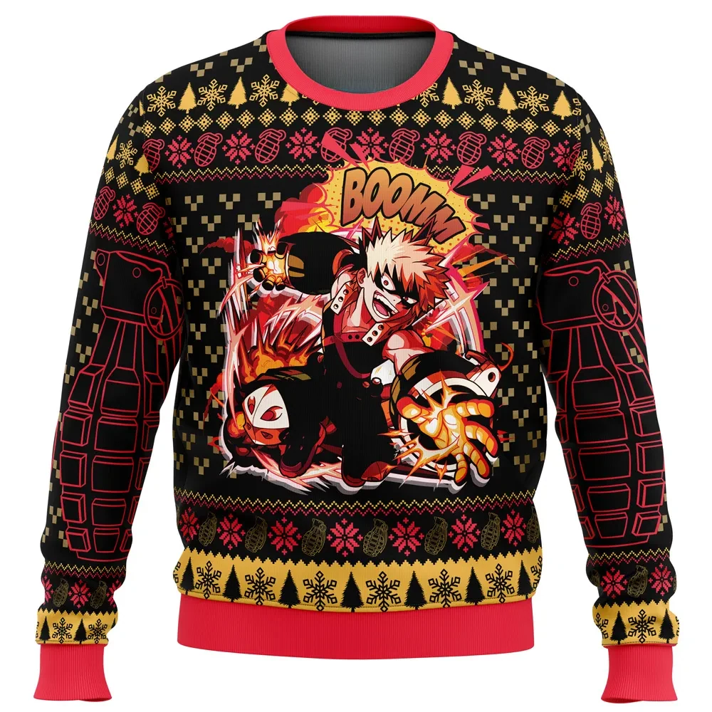 Katsuki Bakugo My Hero Academia Ugly Christmas Sweater, Bakugo Boom Explosion Anime Holiday Sweatshirt, Unisex Xmas Gift for MHA Fans