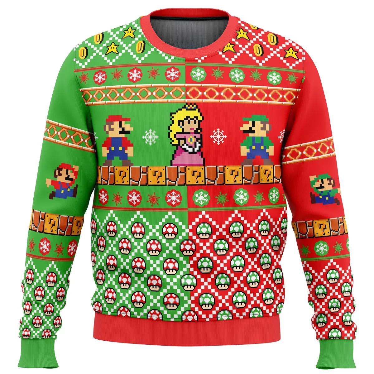 Mario Bros Ugly Christmas Sweater, Super Mario Luigi Princess Peach Holiday Sweater, Pixel Mushroom Kingdom Nintendo Gamer Xmas Gift