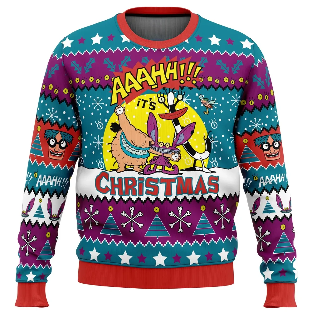 Aaahh!!! Real Monsters Nickelodeon Ugly Christmas Sweater, 90s Cartoon Holiday Sweater, Ickis Oblina Krumm Xmas Gift for Nostalgia Fans