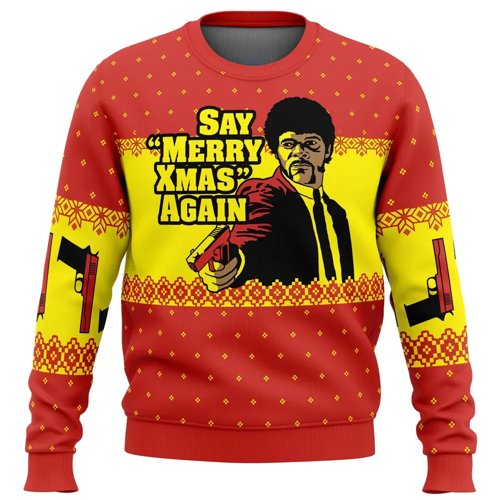 Say Merry Xmas Again Pulp Fiction Ugly Christmas Sweater, Jules Winnfield Holiday Sweater, Tarantino Movie Xmas Gift for Cult Film Fans
