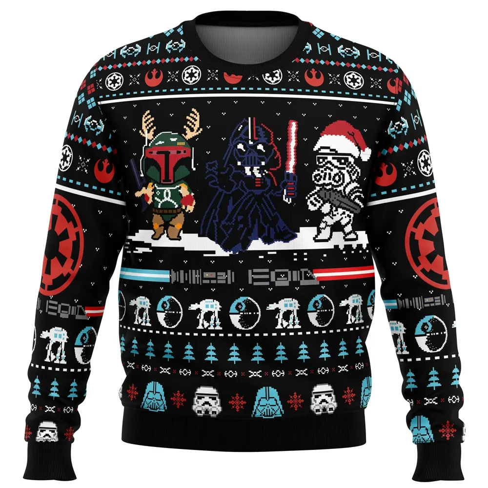 Merry Xmas Star Wars Ugly Christmas Sweater, Darth Vader Boba Fett Holiday Sweater, Stormtrooper Pixel Art, Movie Xmas Gift, Unisex Sweatshirt