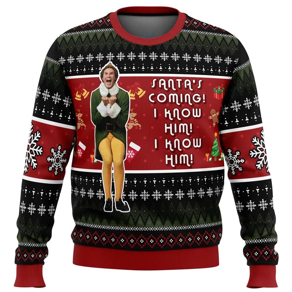 Santa's Coming I Know Him Buddy the Elf Ugly Christmas Sweater, Funny Christmas Movie Holiday Sweater, Unisex All Over Print Xmas Jumper