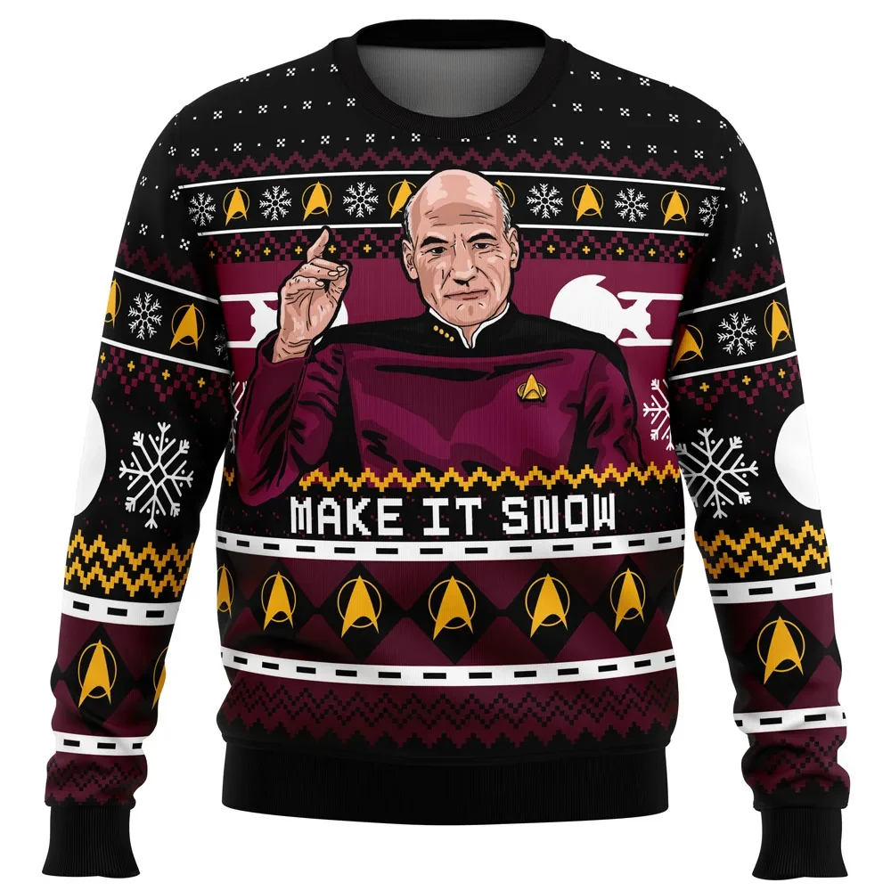 Captain Picard Make It Snow Star Trek Ugly Christmas Sweater, Starfleet Enterprise Sci-Fi TV Holiday Sweater, Trekkie Xmas Gift for Fans