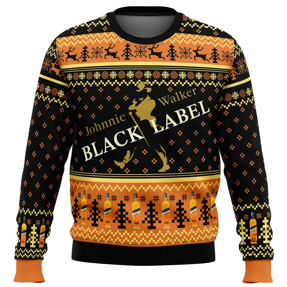 Johnnie Walker Black Label Ugly Christmas Sweater, Striding Man Scotch Whisky Lover Holiday Sweater, Unisex All Over Print Xmas Party Gift