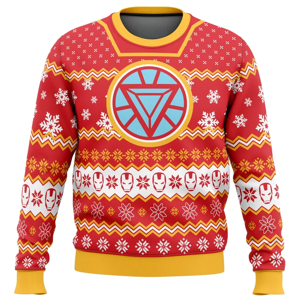 Arc Reactor Iron Man Ugly Christmas Sweater, Marvel Superhero Holiday Sweater, Red and Gold Helmet Pattern Xmas Gift for Avengers Fans