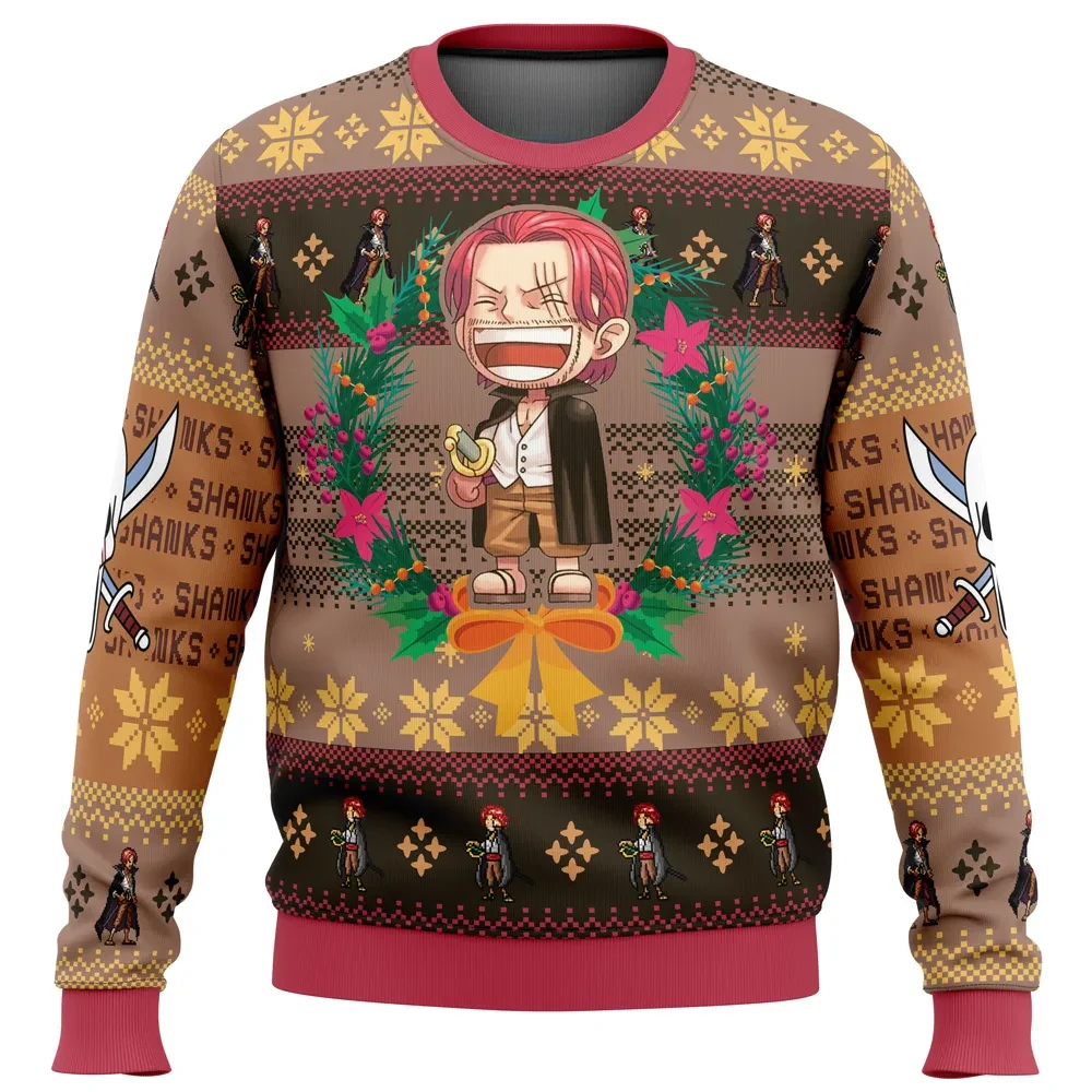 Christmas Shanks One Piece Ugly Christmas Sweater, Red Hair Pirates Jolly Roger Anime Holiday Sweater, Chibi Shanks Xmas Gift for Anime Fans