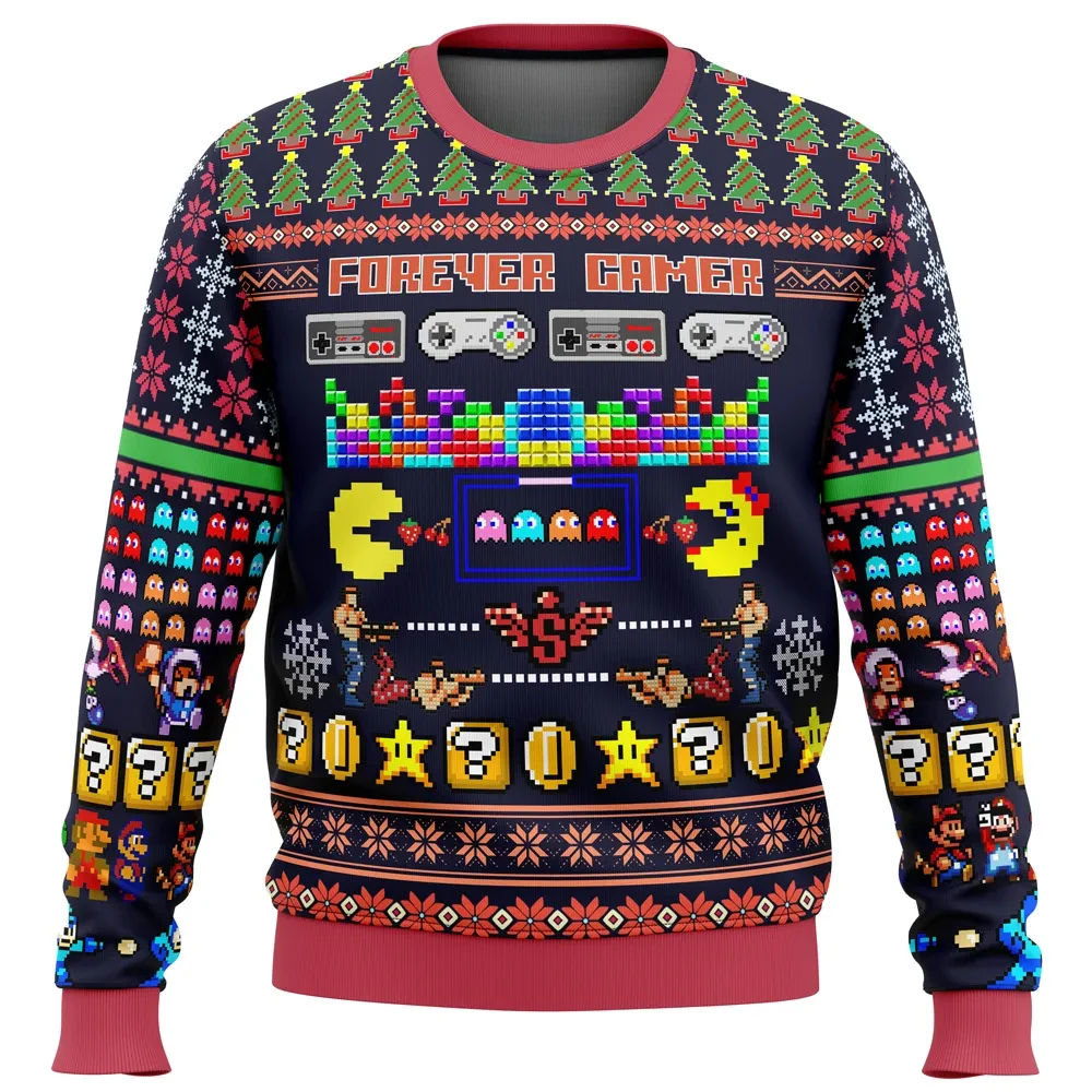 Forever Gamer Ugly Christmas Sweater, Retro Video Game Holiday Sweater with Pac-Man and Tetris, Unisex Arcade Xmas Gift for Gamers