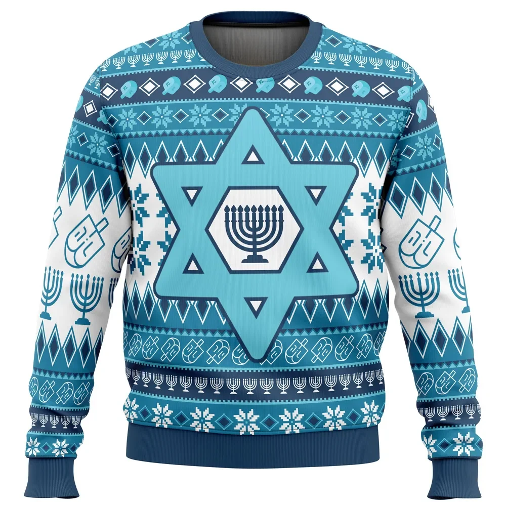 Hanukkah Ugly Christmas Sweater, Star of David Menorah Holiday Sweater, Blue and White Dreidel Festive Sweatshirt, Jewish Holiday Gift