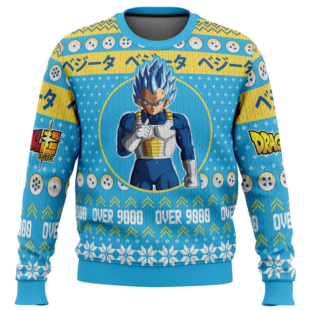 Christmas Vegeta Dragon Ball Z Ugly Christmas Sweater, Over 9000 Holiday Sweater, Super Saiyan Blue Anime Pullover, Xmas Gift for DBZ Fans