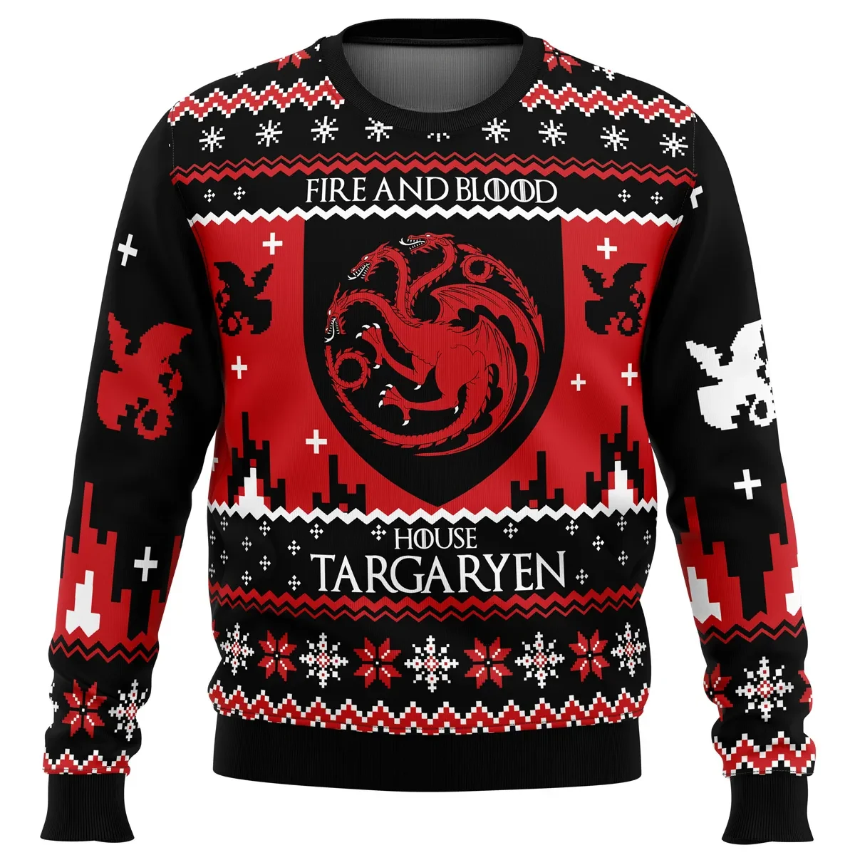 Game of Thrones House Targaryen Ugly Christmas Sweater, Fire and Blood Dragon Sigil Holiday Sweater, TV Xmas Gift for Westeros Fans
