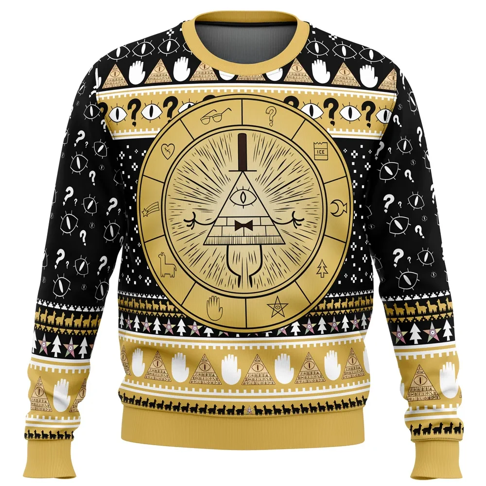 Bill Cipher Gravity Falls Ugly Christmas Sweater, Cartoon Holiday Sweater, Golden Zodiac Wheel Unisex Pullover, Xmas Gift for Animation Fans