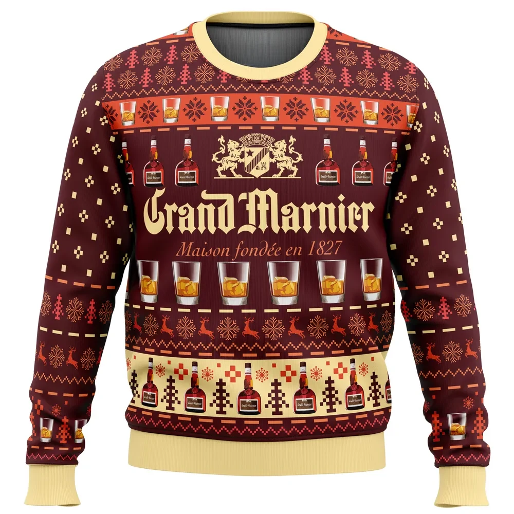 Grand Marnier Ugly Christmas Sweater, Liqueur Lover Holiday Sweatshirt with Bottles and Glasses, Funny Drinking Xmas Party Gift for Adults