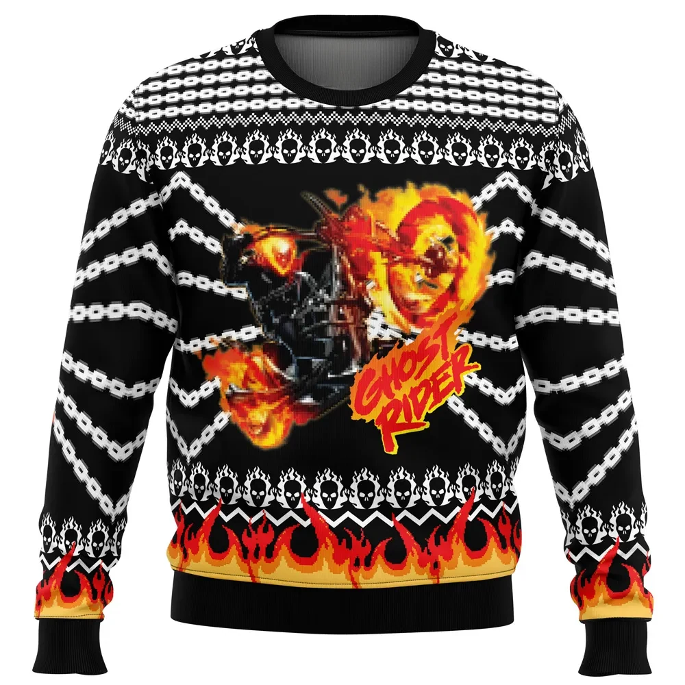 Ghost Rider Ugly Christmas Sweater, Marvel Holiday Sweater, Flaming Skull Biker Xmas Sweatshirt, Superhero Christmas Gift for Comic Fans