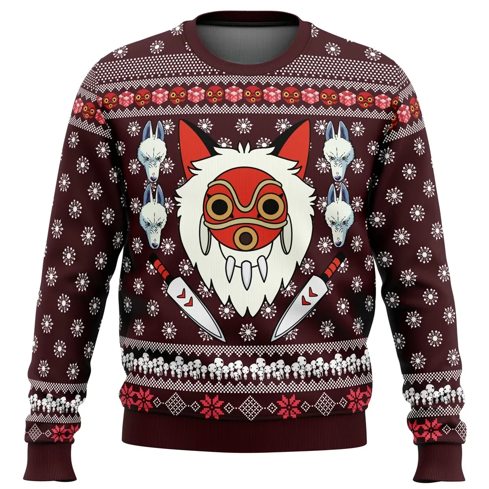 Princess Mononoke Ugly Christmas Sweater, Studio Ghibli San Mask and Wolf Holiday Sweatshirt, Anime Xmas Gift for Miyazaki Fans