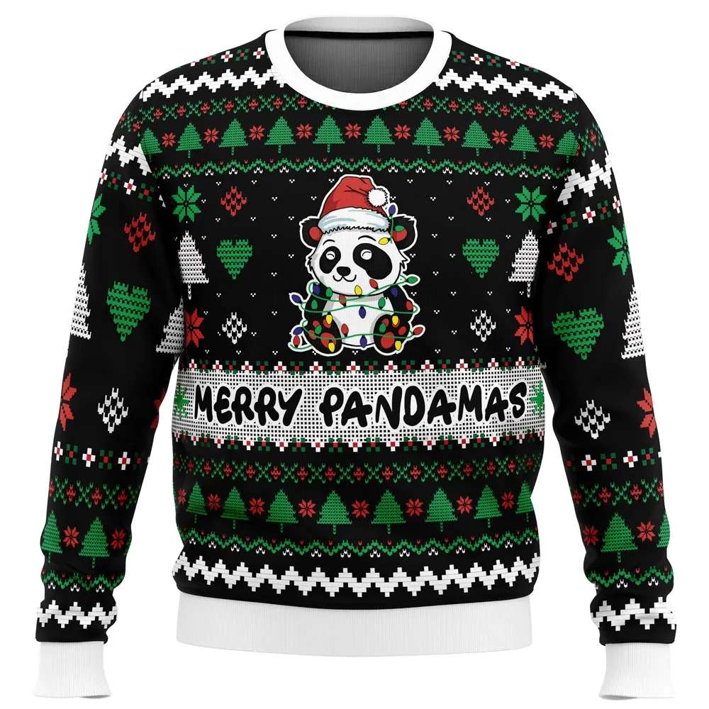 Merry Pandamas Ugly Christmas Sweater, Cute Panda Christmas Lights Holiday Sweatshirt, Funny Pun Xmas Gift for Animal Lovers