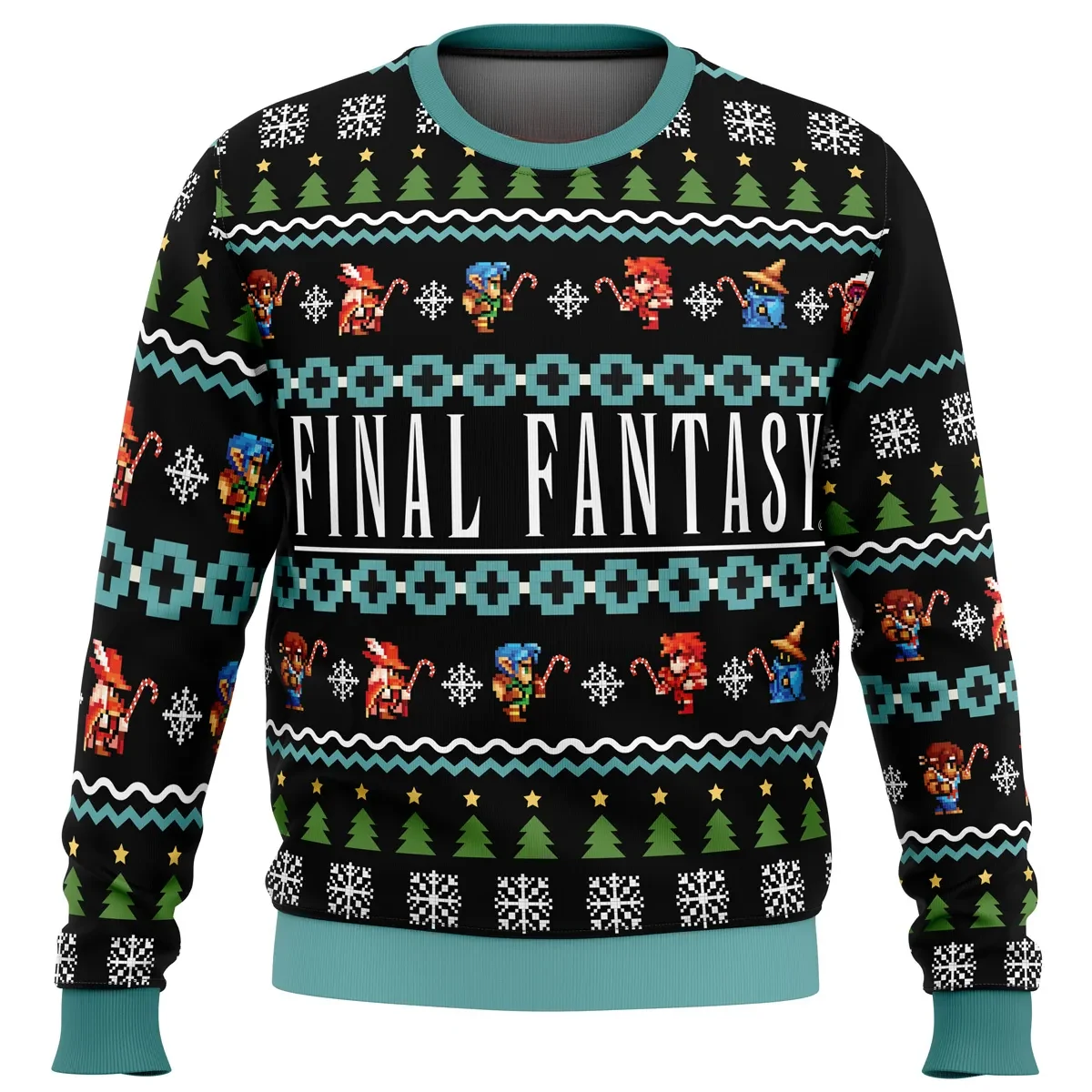 Final Fantasy Ugly Christmas Sweater, Retro Pixel Heroes Holiday Sweater with Warrior and Black Mage Sprites, JRPG Gamer Xmas Gift