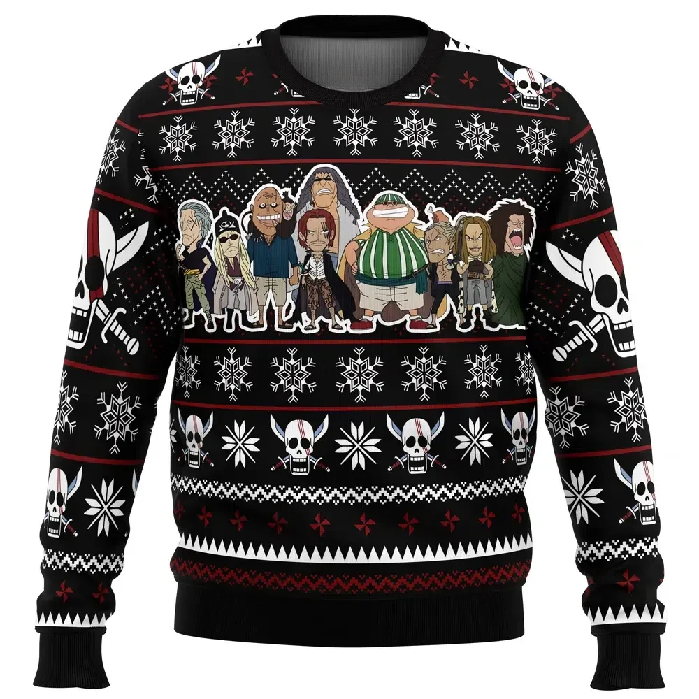 Red Hair Pirates One Piece Ugly Christmas Sweater, Shanks and Crew Holiday Sweatshirt with Jolly Roger Back, Anime Xmas Gift for Fans