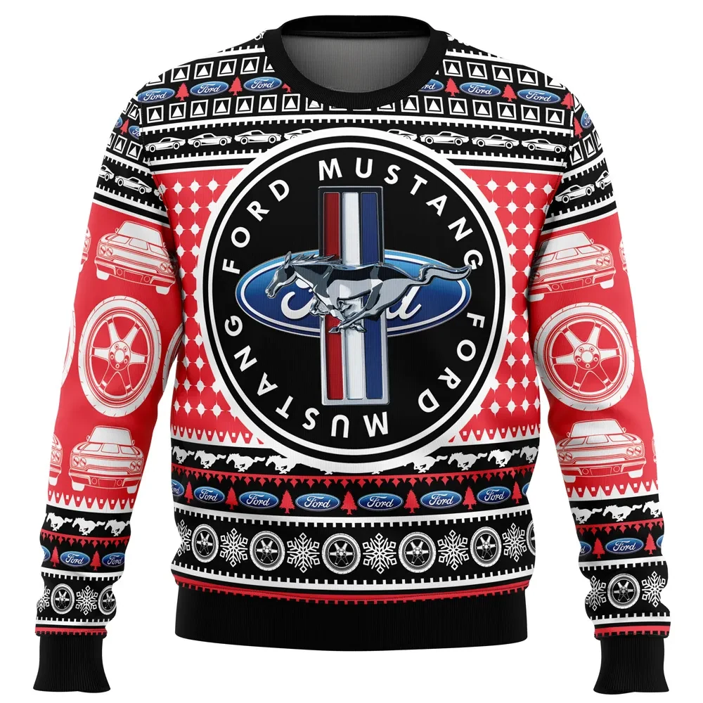 Ford Mustang Ugly Christmas Sweater, Ford Logo Holiday Sweater, Running Pony Badge Design, Classic Car Lover Xmas Gift, Unisex Sweatshirt