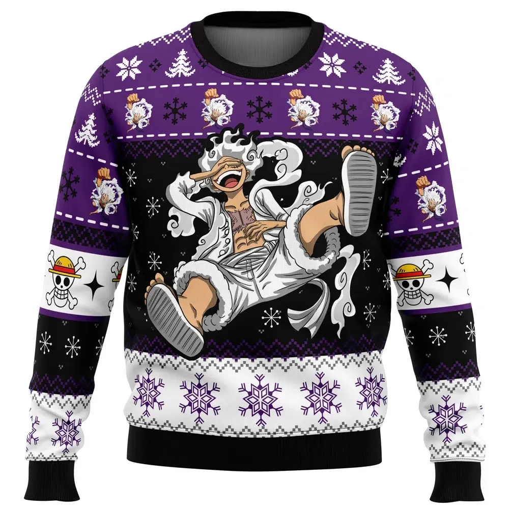 Luffy Gear 5 Sun God Nika Ugly Christmas Sweater, One Piece Holiday Sweater, Straw Hat Jolly Roger Anime Xmas Gift for Pirate Fans