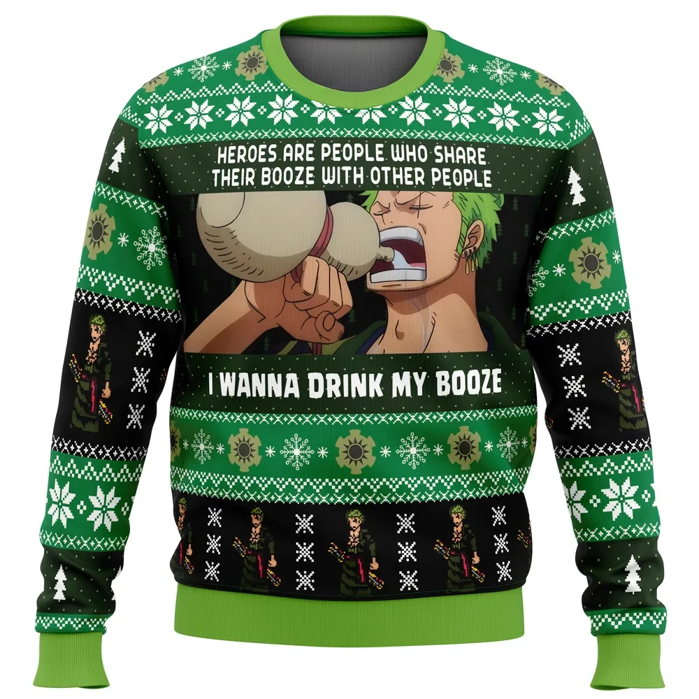 I Wanna Drink My Booze Zoro Ugly Christmas Sweater, One Piece Holiday Sweater, Roronoa Zoro Funny Anime Xmas Gift for Pirate Fans