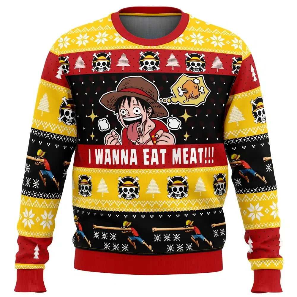 I Want To Eat Meat Luffy One Piece Ugly Christmas Sweater, I Wanna Eat Meat Straw Hat Pirates Holiday Sweater, Anime Xmas Party Gift