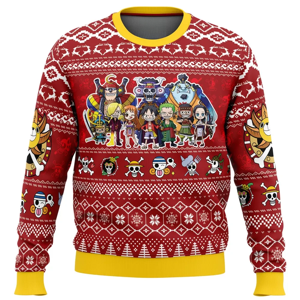 Merry Mugiwara Pirates One Piece Ugly Christmas Sweater, Straw Hat Crew Jolly Roger Holiday Sweater, Luffy Zoro Nami Anime Xmas Gift