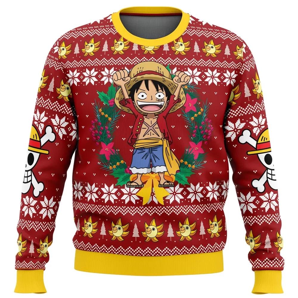 Monkey D Luffy Christmas One Piece Ugly Christmas Sweater, Straw Hat Jolly Roger Holiday Sweater, Pirate King Anime Xmas Gift for Fans
