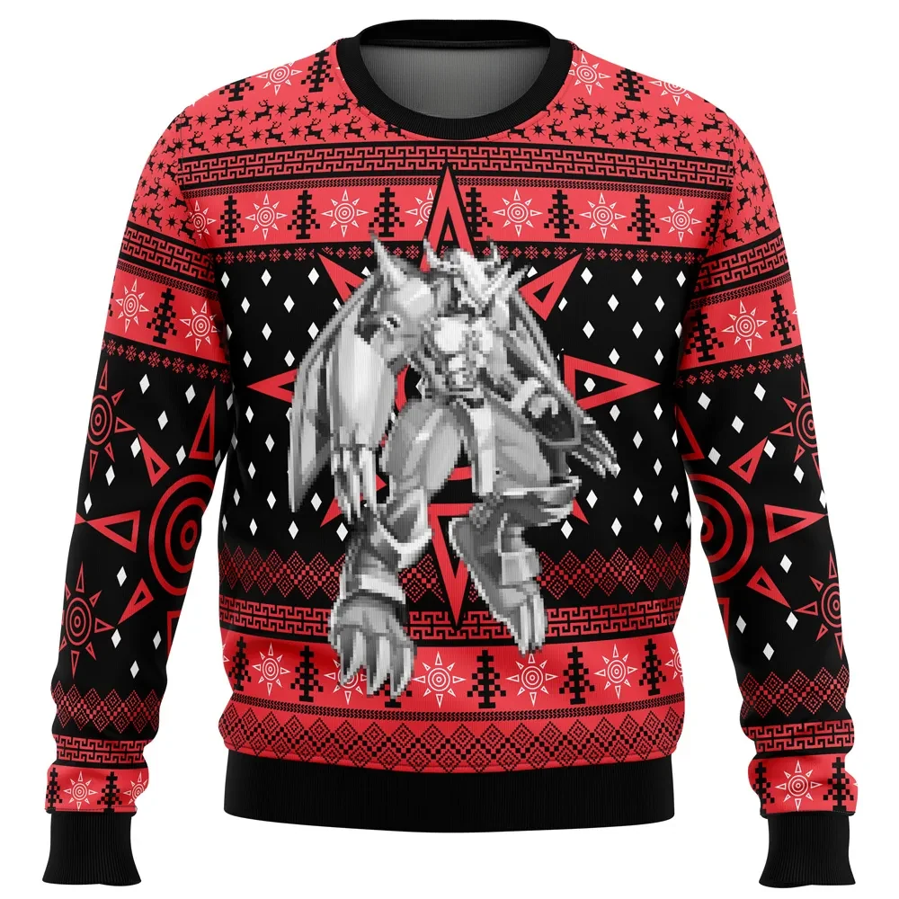 WarGreymon Digimon Ugly Christmas Sweater, Digimon Adventure Crest of Courage Anime Holiday Sweater, Unisex Anime Xmas Gift for Digimon Fans