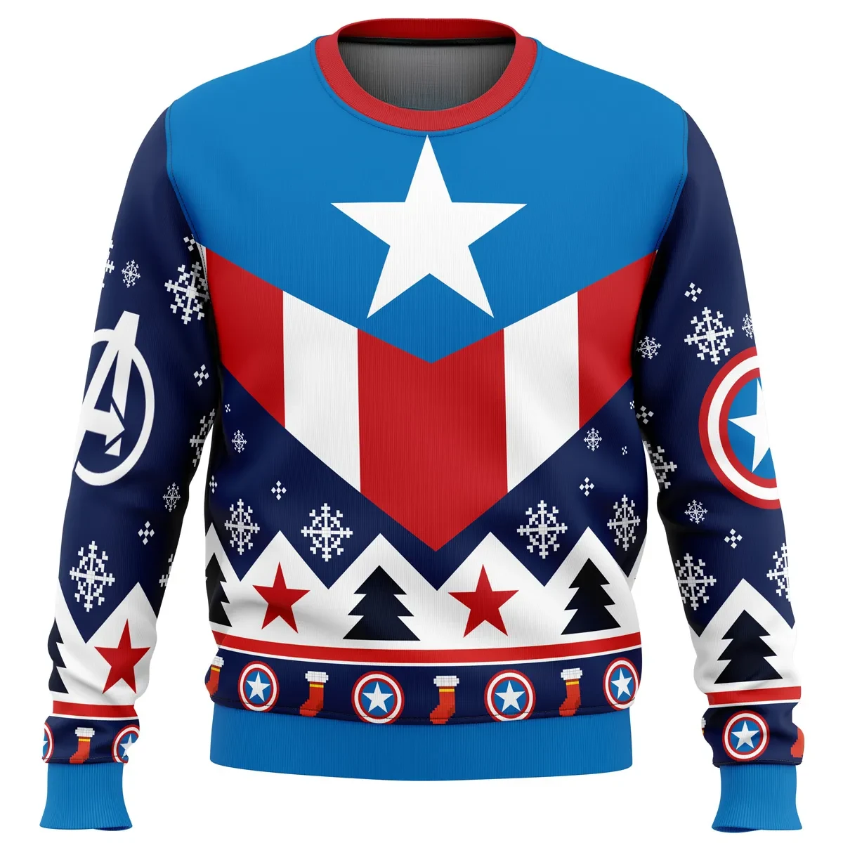 Captain America Ugly Christmas Sweater, Star and Shield Marvel Avengers Holiday Sweater, Red White and Blue Superhero Xmas Gift for Fans