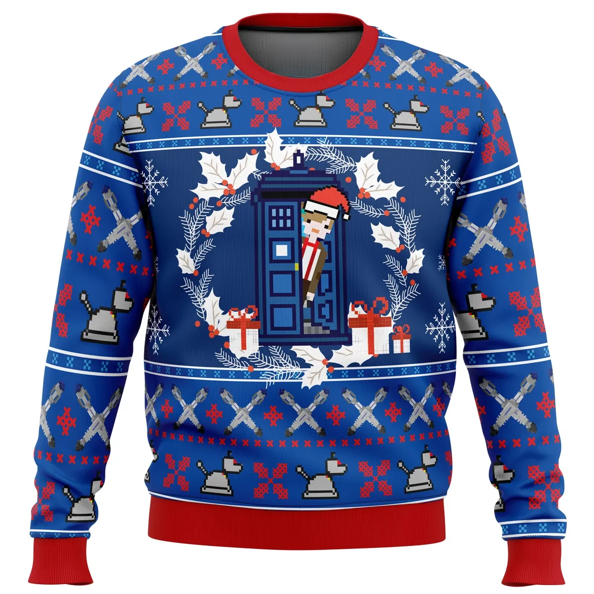 Doctor Who Tardis Ugly Christmas Sweater, Daleks and Sonic Screwdriver Holiday Sweater, Unisex All Over Print TV Series Xmas Gift for Whovians