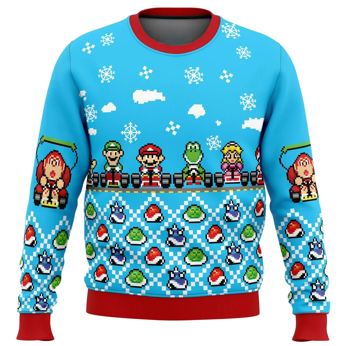 Mario Kart Ugly Christmas Sweater, Super Mario Bros Holiday Sweater, Luigi Yoshi Peach Koopa Shell Pattern, Nintendo Gamer Xmas Gift