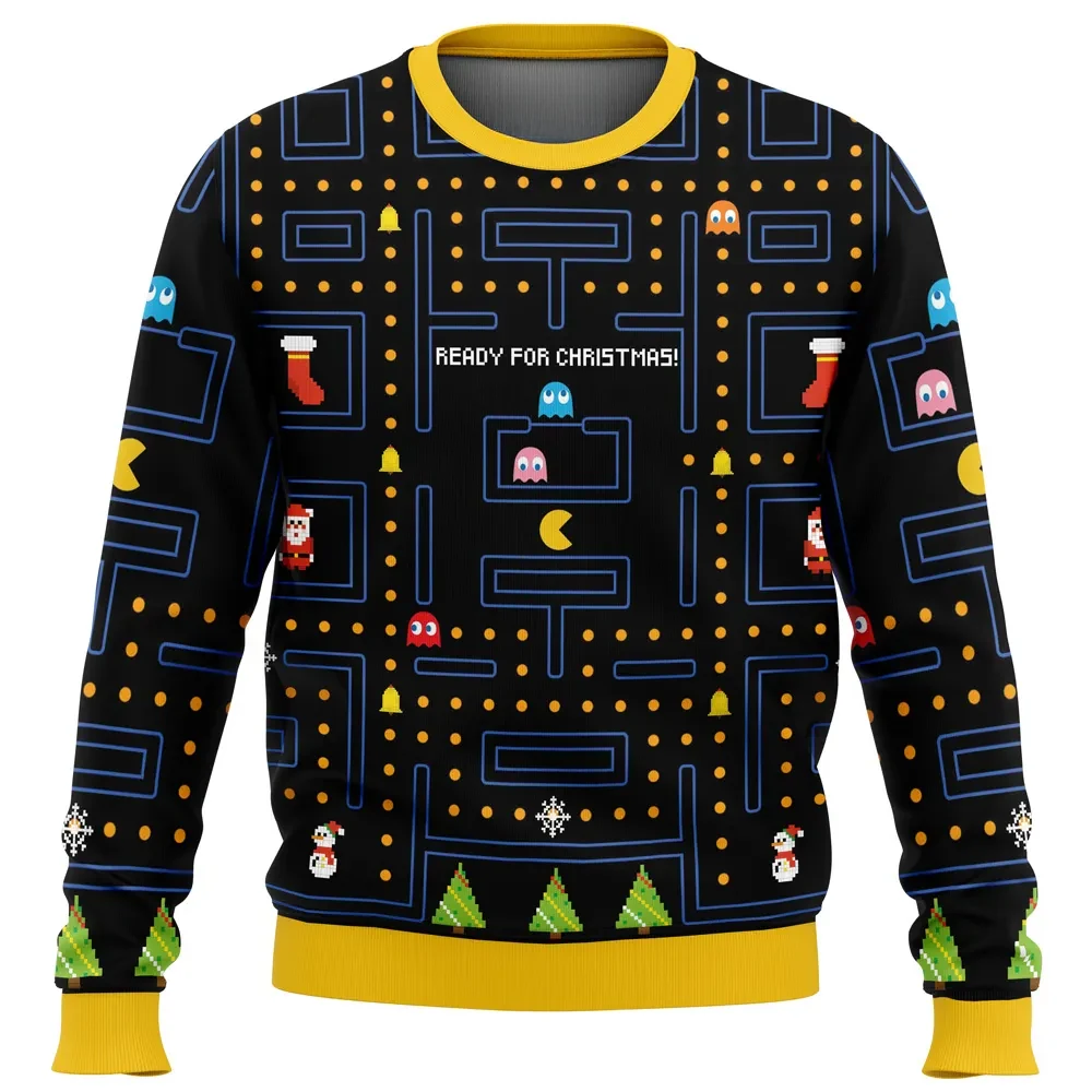 Pac-Man Ready for Christmas Ugly Christmas Sweater, Retro Arcade Game Maze and Ghosts Holiday Sweater, 80s Gamer Xmas Gift, Unisex Top