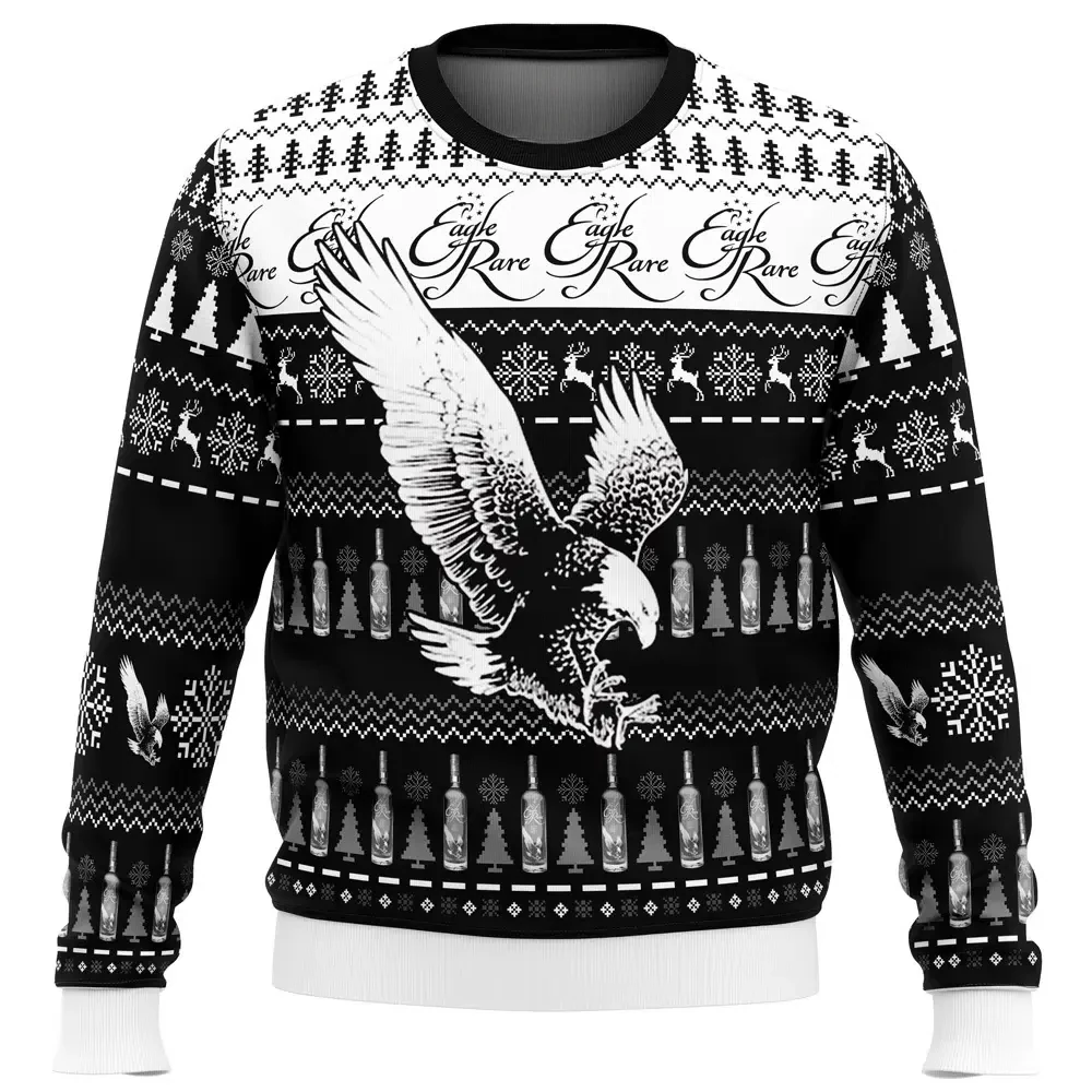 Eagle Rare Ugly Christmas Sweater, Bourbon Whiskey Lover Holiday Sweater, Unisex All Over Print Black and White Xmas Party Gift for Adults