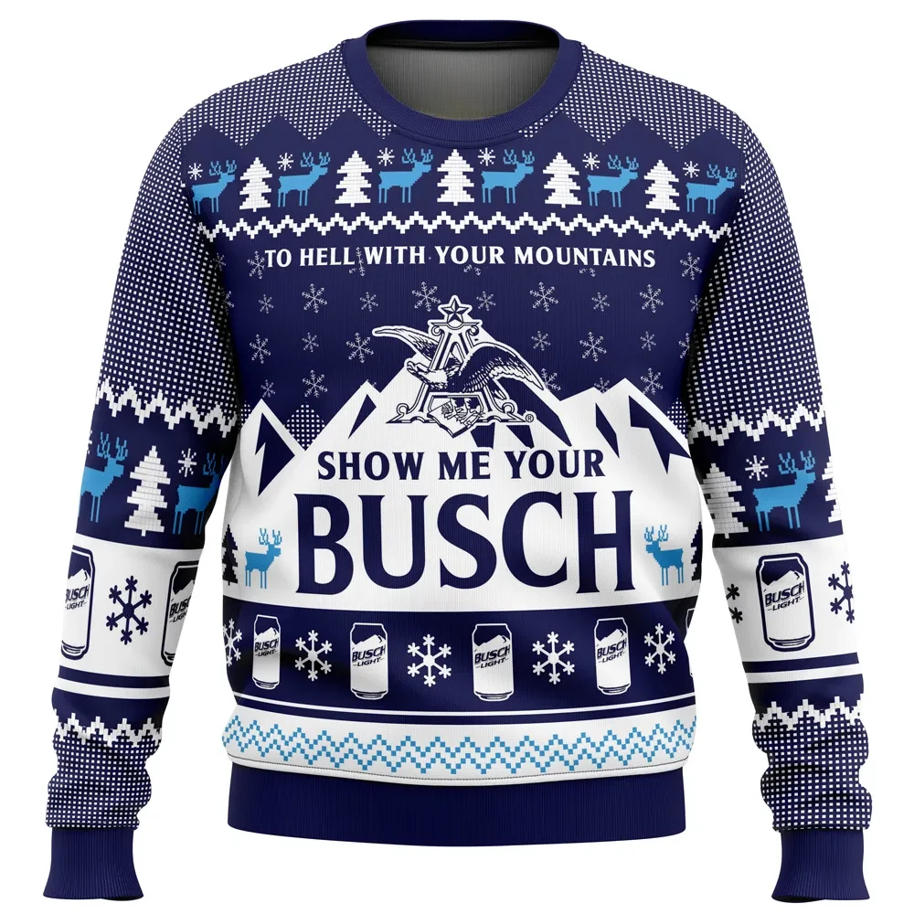 Show Me Your Busch Ugly Christmas Sweater, Snowy Mountain Logo Funny Beer Holiday Sweater, Drinking Buddy Xmas Party Gift