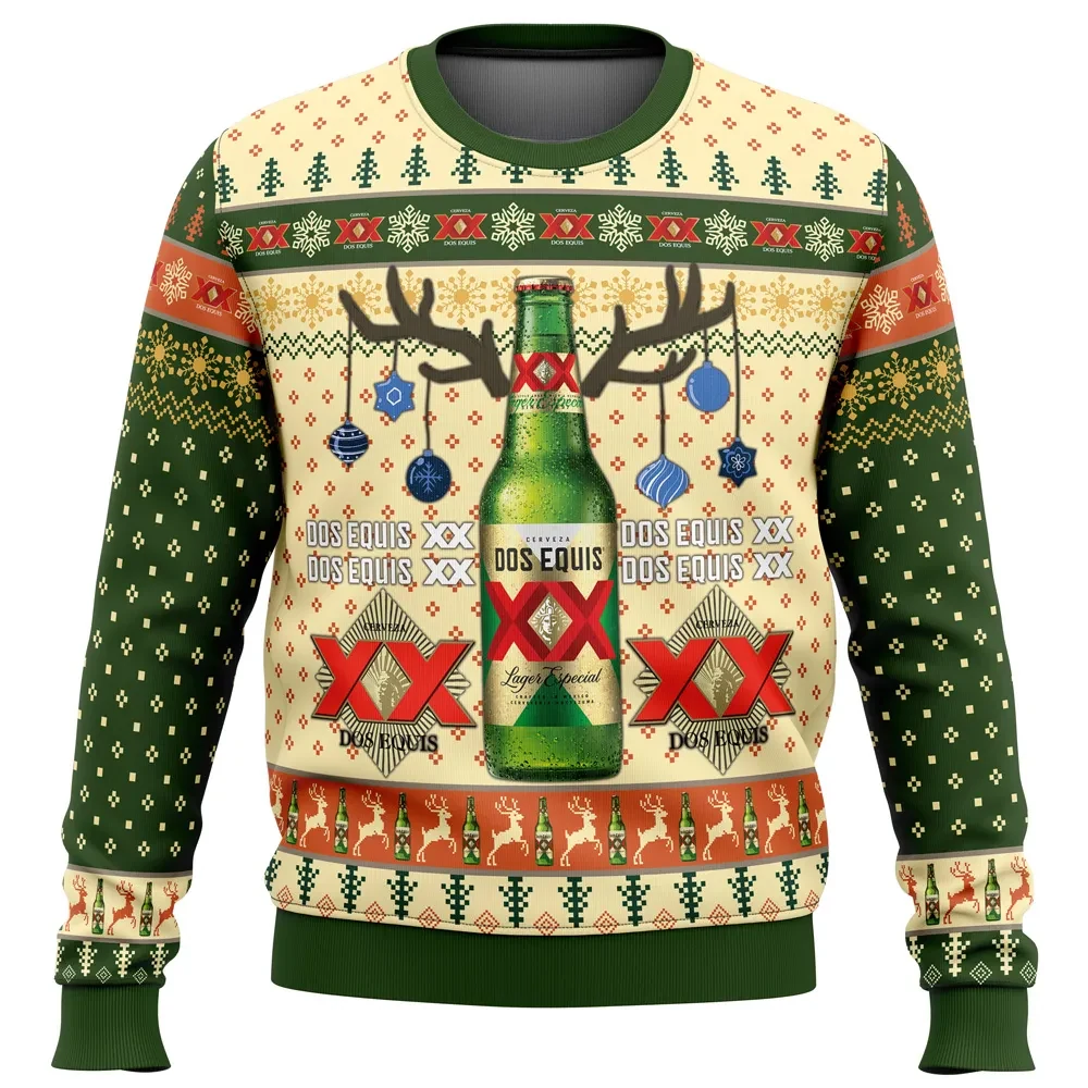 Dos Equis Ugly Christmas Sweater, XX Cerveza Beer Holiday Sweater, Reindeer Antler Bottle Party Sweatshirt, Beer Lover Xmas Gift