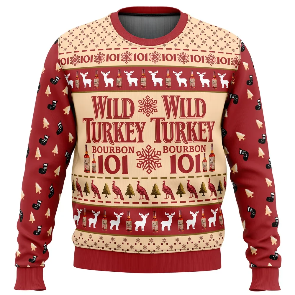 Wild Turkey Bourbon 101 Ugly Christmas Sweater, Whiskey Lover Reindeer Pattern Holiday Sweatshirt, Funny Drinking Xmas Party Gift