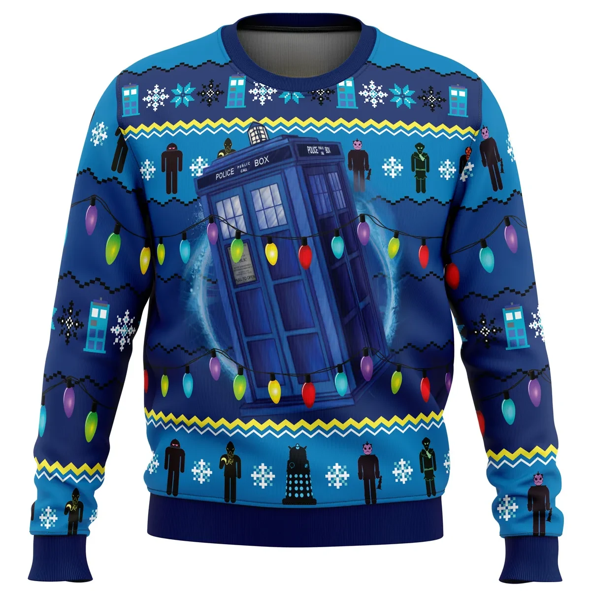 Who's Outside Doctor Who Ugly Christmas Sweater, TARDIS Holiday Sweater with Daleks and Fairy Lights, TV Show Xmas Gift for Whovians