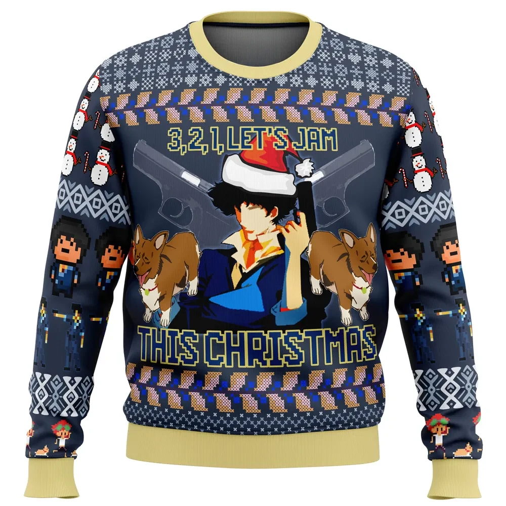 Spike Spiegel Cowboy Bebop Ugly Christmas Sweater, 3 2 1 Let's Jam Holiday Sweater, Ein Santa Hat Anime Xmas Gift for Jazz and Sci-Fi Fans
