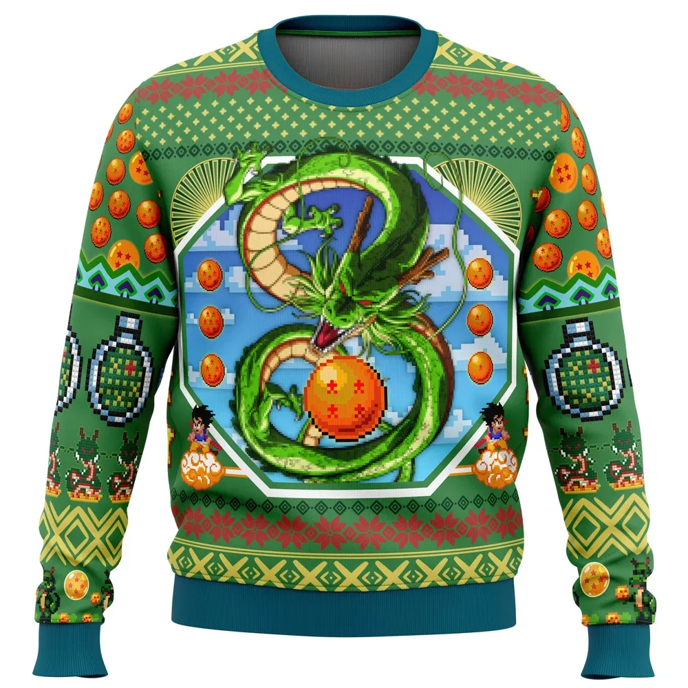 Shenron Dragon Ball Z Ugly Christmas Sweater, Eternal Dragon and Kid Goku DBZ Holiday Sweater, Green Anime Xmas Sweatshirt, Anime Xmas Gift