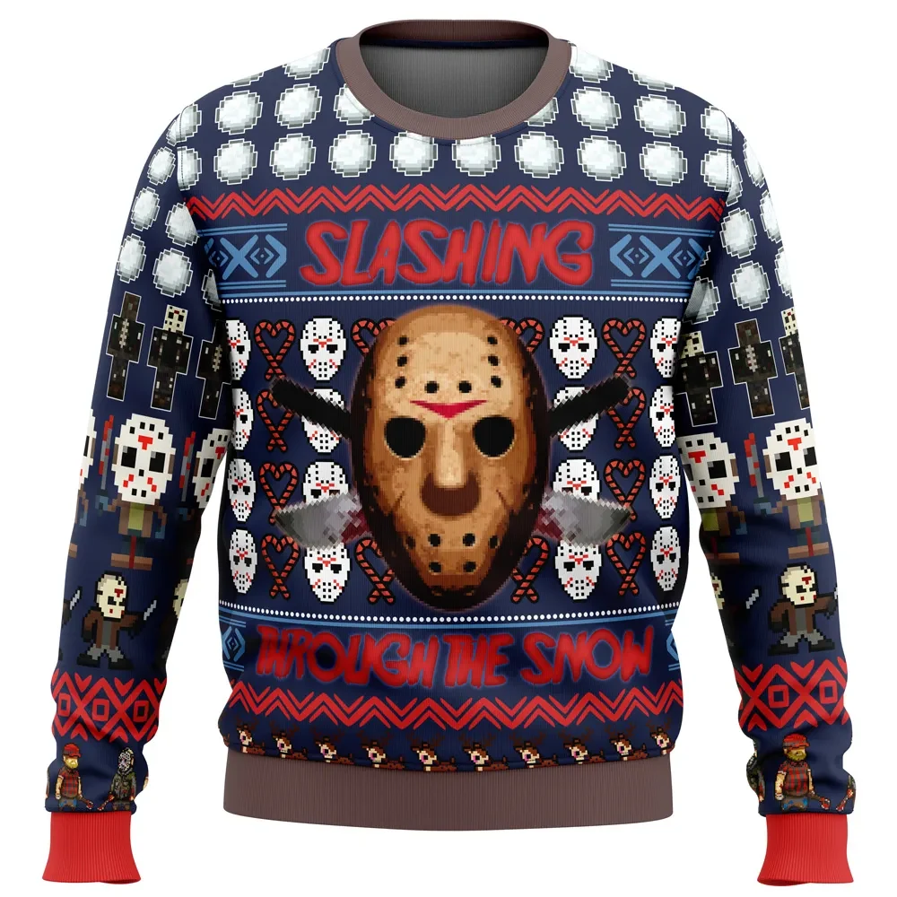 Jason Voorhees Slashing Through the Snow Ugly Christmas Sweater, Friday the 13th Horror Movie Holiday Sweater, Xmas Jumper