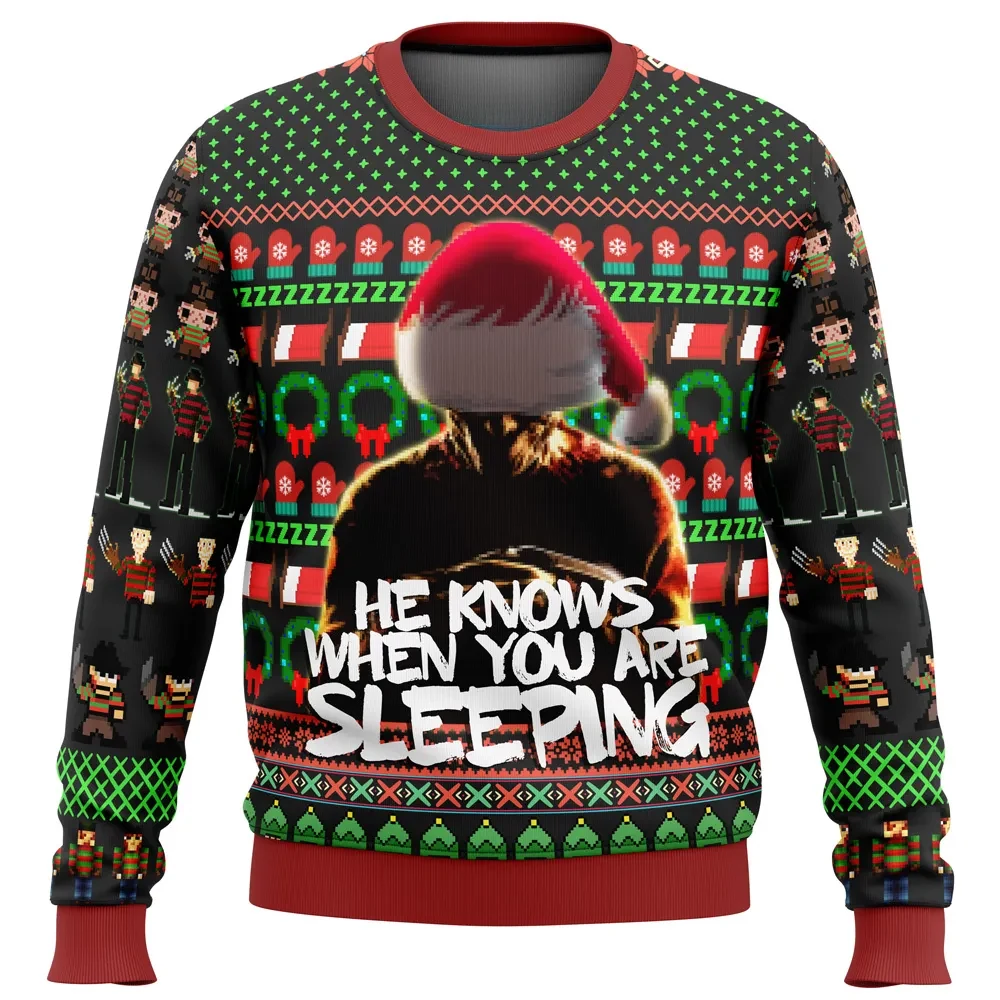 Freddy Krueger He Knows When You Are Sleeping Ugly Christmas Sweater, A Nightmare on Elm Street Horror Holiday Xmas Sweater