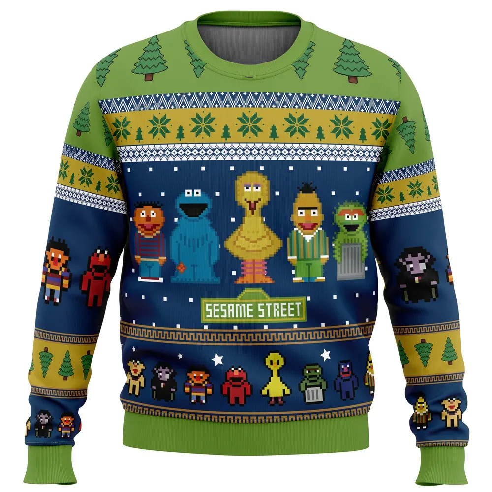 The Main Characters on Sesame Street Ugly Christmas Sweater, Elmo Cookie Monster Big Bird Holiday Sweater, Unisex Xmas Jumper