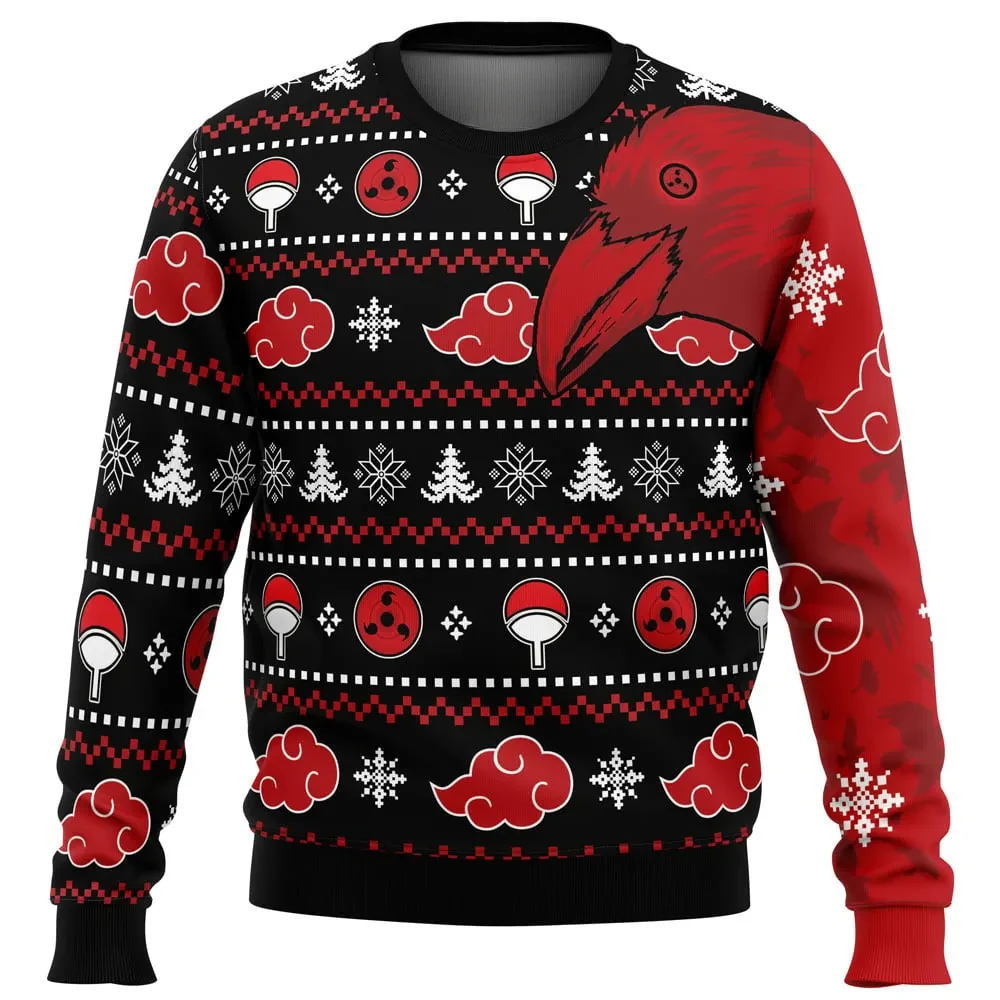 Itachi Crow Akatsuki Ugly Christmas Sweater, Naruto Shippuden Uchiha Holiday Sweatshirt with Red Cloud Pattern, Unisex Anime Xmas Gift