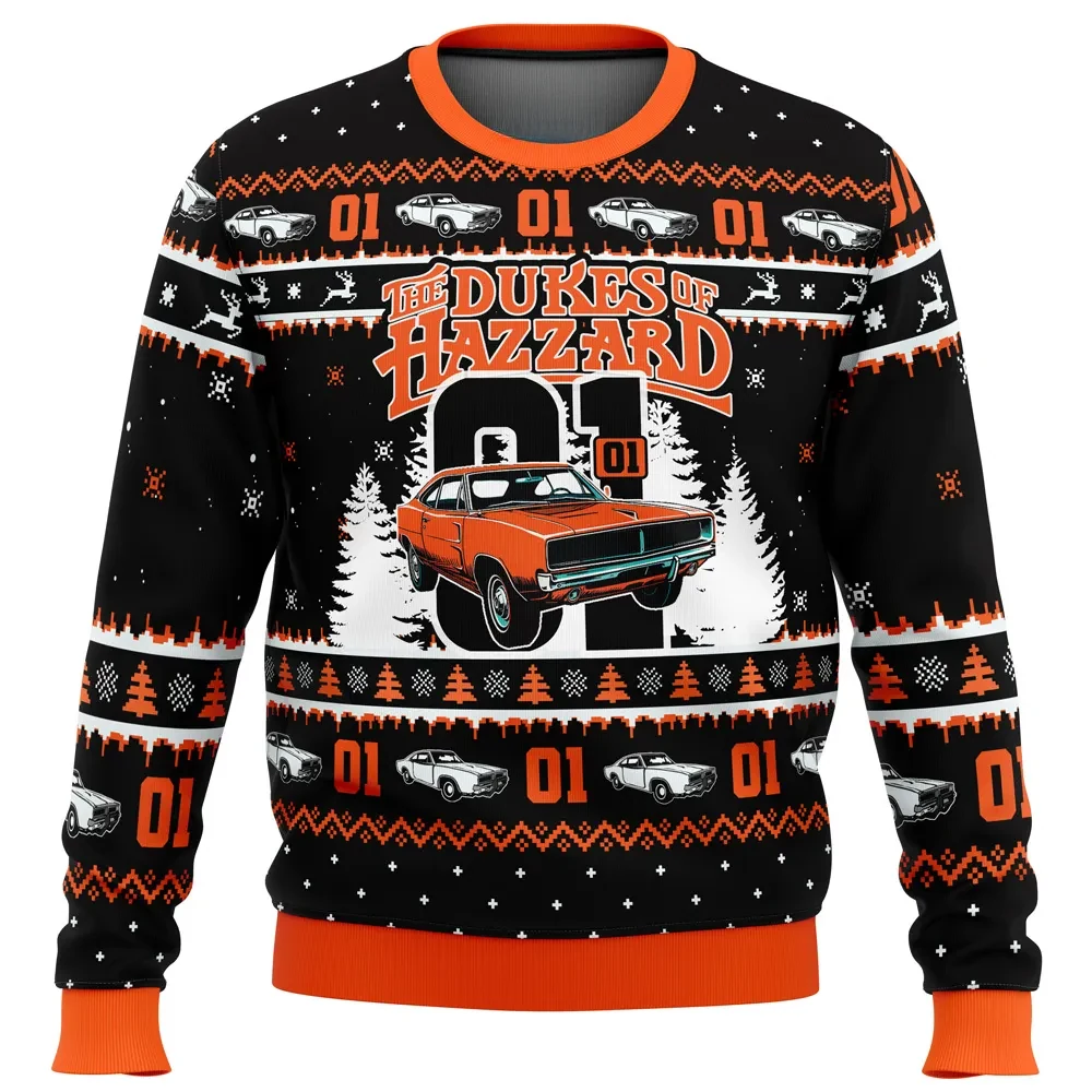 General Lee 01 The Dukes of Hazzard Ugly Christmas Sweater, Retro TV Holiday Sweatshirt, Classic Muscle Car Lover Xmas Gift for Fans