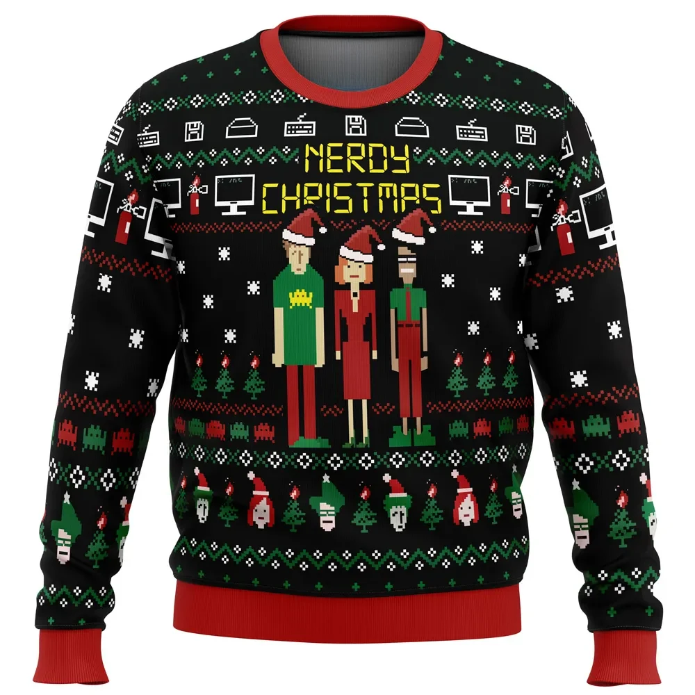 Nerdy Christmas The IT Crowd Ugly Christmas Sweater, Roy Moss Jen Pixel Art Holiday Sweatshirt, British Sitcom Geek Xmas Gift